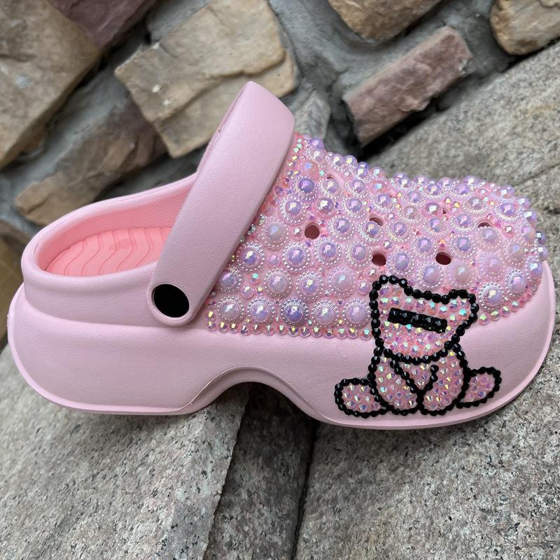 Fashion Summer Bear Decoration Thick Bottom Handmade Inlaid Pearl Sandals  New Pink and Blue Sweet Girl Beach Hollow  Out Slippers 40-41