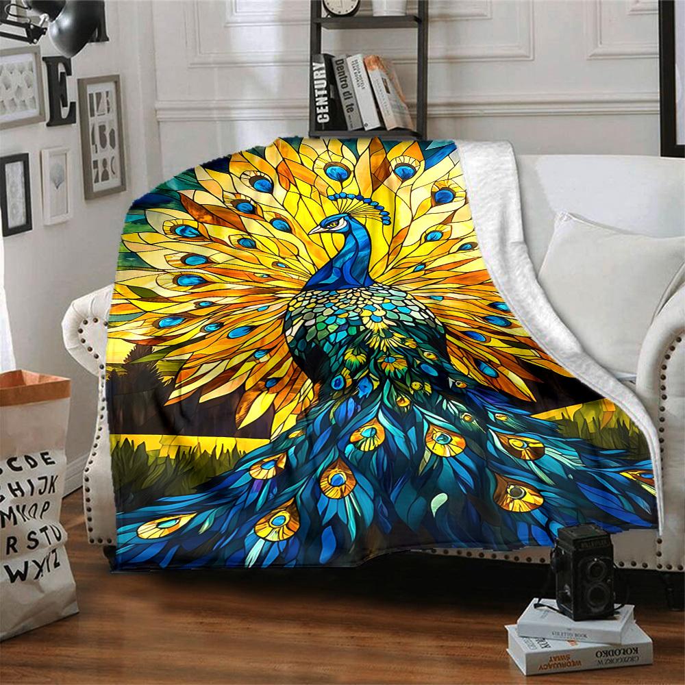1pc Peacock StainedGlass Lightweight Flannel Blanket, Comfortable and Warm Blanket, for Office and Camping Sofa Bed, Livingroom082