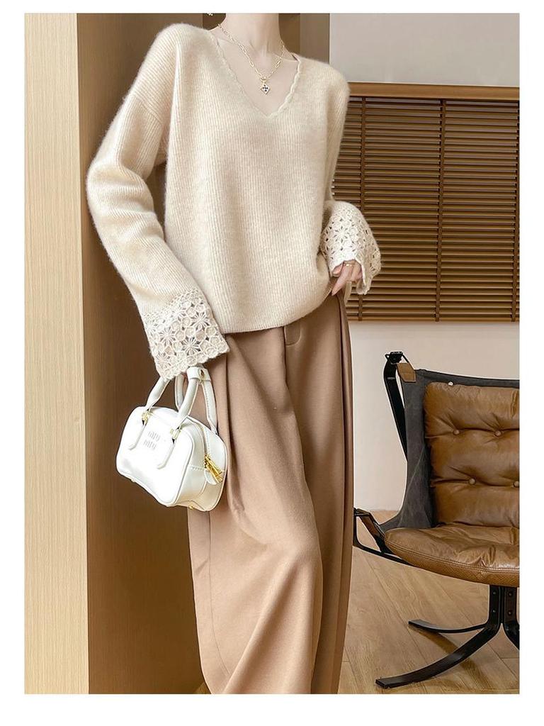 Women's 100% Pure Wool V-Neck Lace Long Sleeve Loose Sweater - Autumn/Winter 2025 Collection