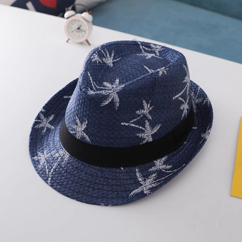 Top Hat Men's Brimmed Straw Hat Jazz Hat Summer Straw Shade Coconut Tree Printed Beach Sunscreen Hat