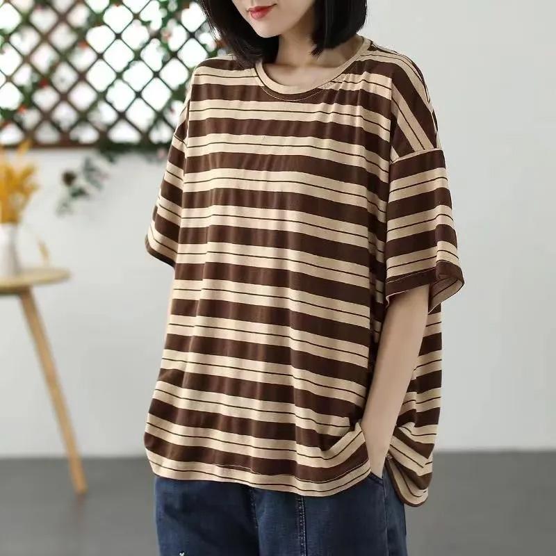 T-shirt for Women Summer Large Size Cotton T-shirt Soft Loose Striped Casual Pullover T-shirt Top