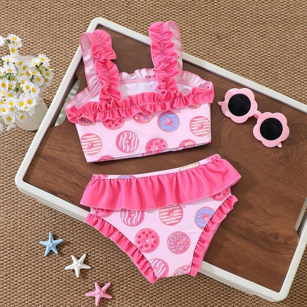 2Pcs Girls Bow Print Ruffle Bikini Set Kids Swimwear Swimsuit