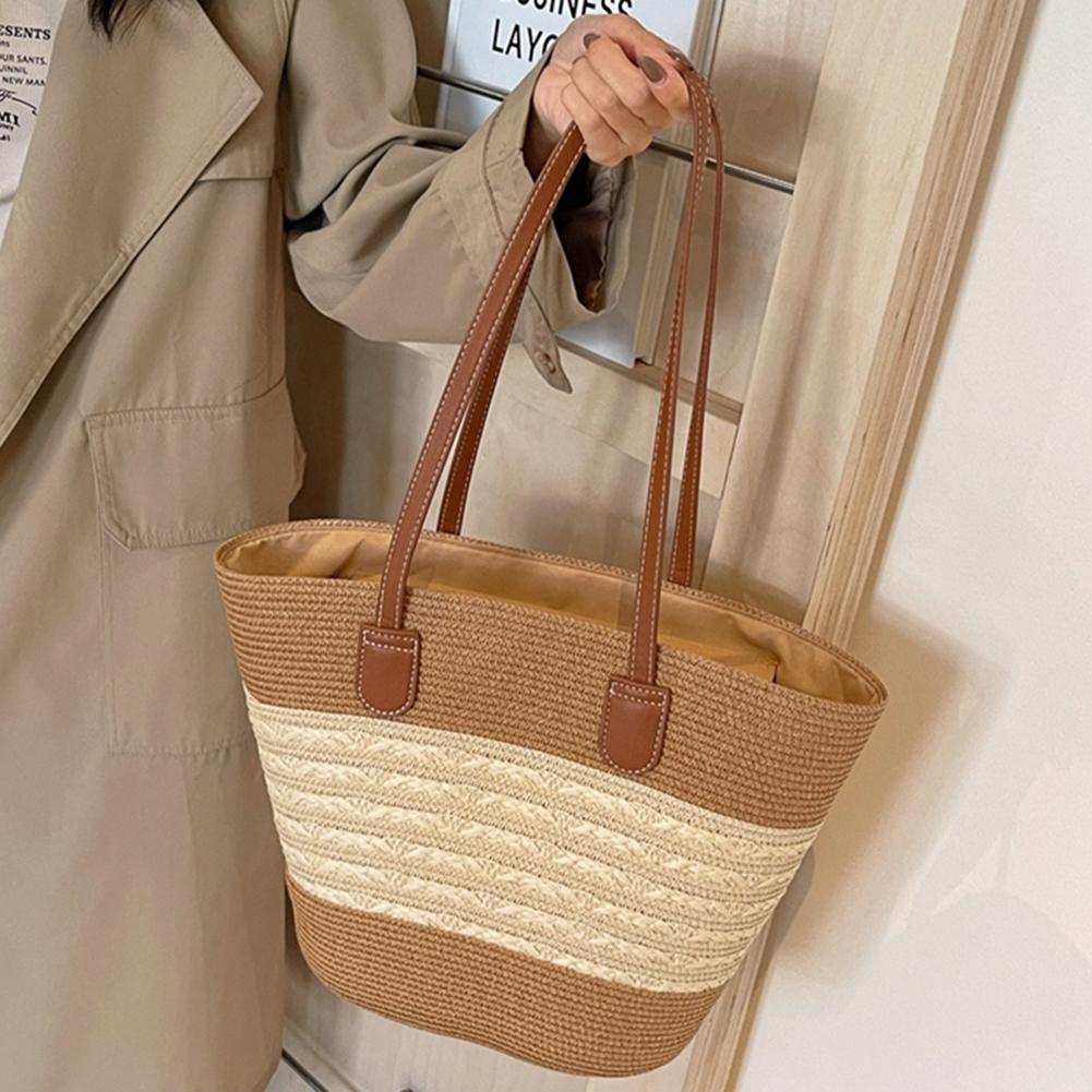 Large Capacity Straw Woven Tote Bag for Women Stylish Solid Color Shoulder Bag for Work Shopping Beach Use
