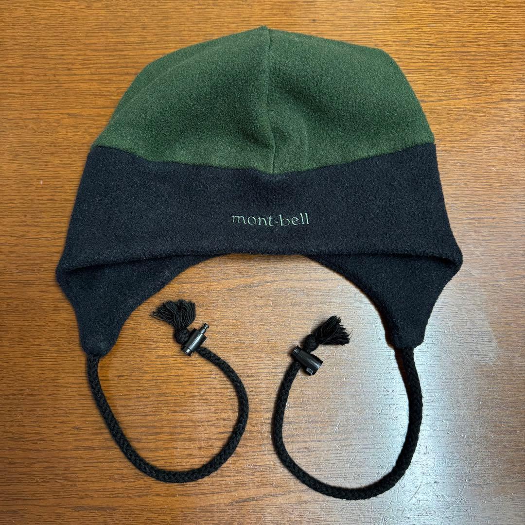 Used mont-bell fleece knit hat with ear flaps with string green 90s