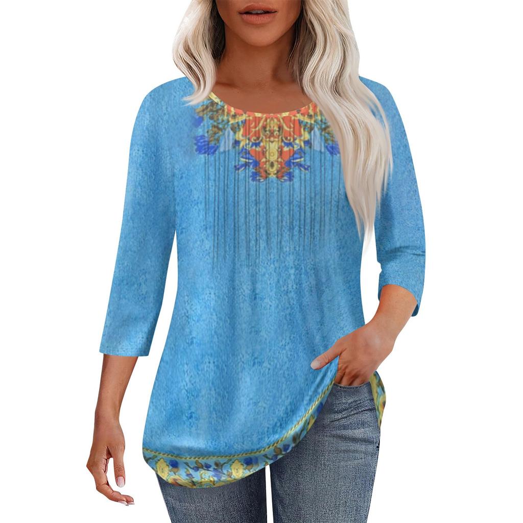 Women's Fashionable Casual Pleated Round Neck Casual Floral Print Seven Quarter Sleeved T-shirt Top