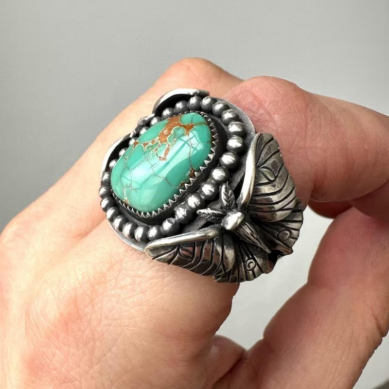 Vintage Inlaid Imitation Turquoise Women's Ring Ethnic CopperColor Hand Carving Bee Daily Wear Party Jewelry Anniversary Gift