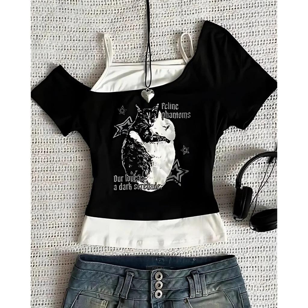 Women's 90s Vintage Punk T-Shirt Streetwear Sexy Short Sleeve Gothic Slim Crop Top Hotgirl Casual Femme Tee Harajuku Y2k