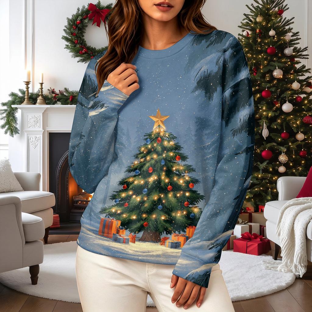 Women's Casual Long Sleeve Christmas Print Neck Pullover Sweatshirt Top