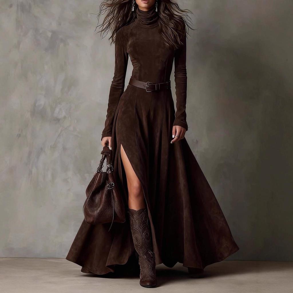 2025 Autumn/Winter European & American Fashion Long Dress with Belt