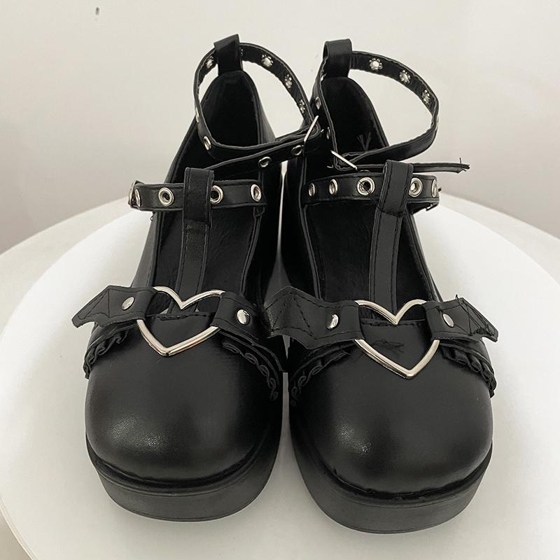 Sweet Heart Buckle Wedges Mary Janes Women Pink T -Strap Chunky Platform Lolita Shoes Woman Punk Gothic Cosplay Shoes 43