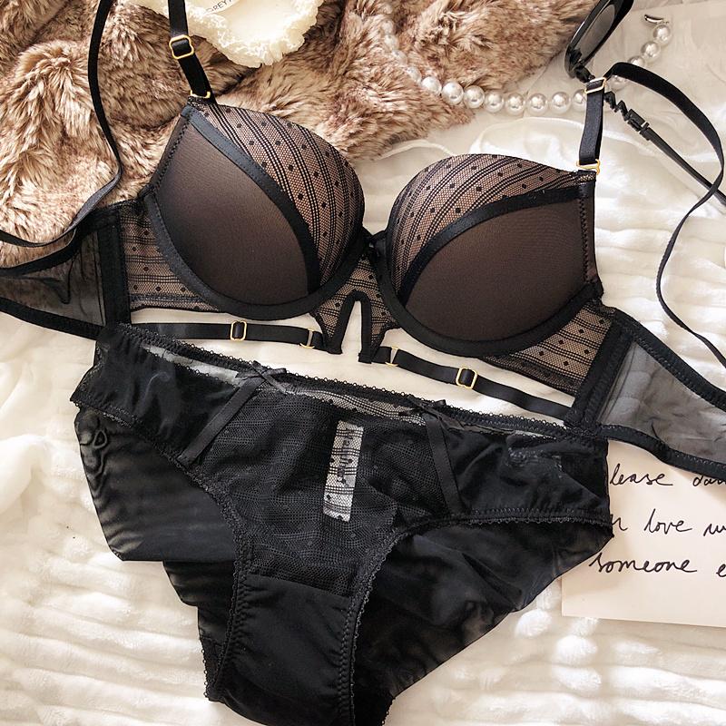 Sexy Hollow Underwear Set for Women 3/4 Cup Push Up Bra Lace Splicing Color Brassiere and Panties Ladies Intimates Lingerie