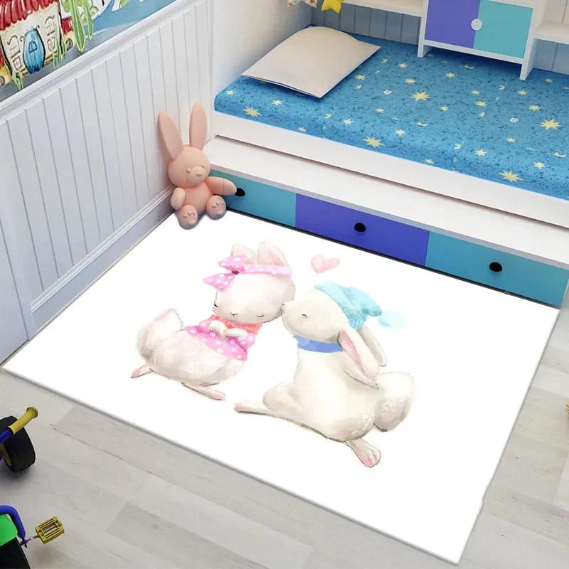 Bunny Carpet For Easter Living Room Decor Lovely Cartoon Rabbit Print Crawling Mat Doormat Area Rug Bedroom Bathroom Floor Mats
