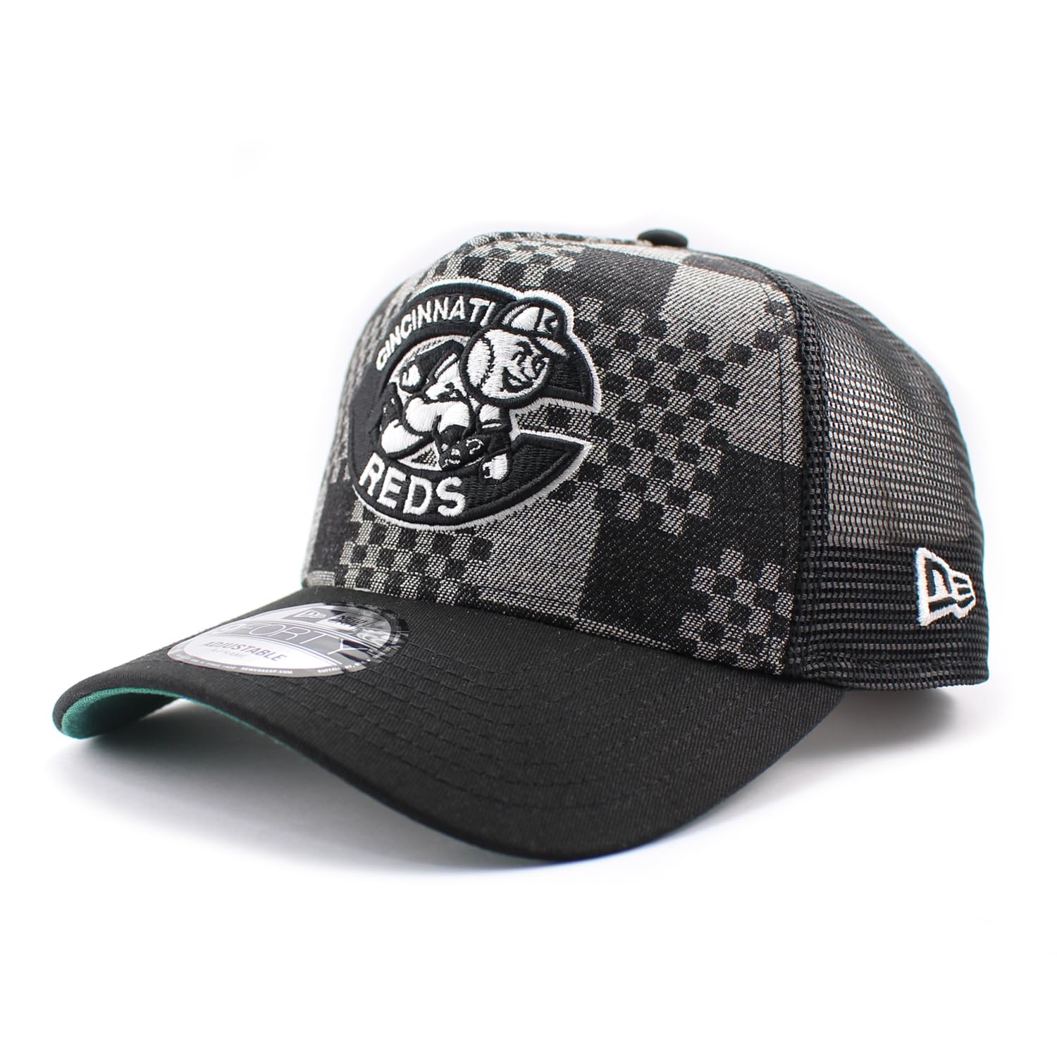 

New Era 9FORTY Cincinnati Reds MLB DENIM BLACK PATTERN COOPERSTOWN MESH BLUE A-FRAME CAP, 940AF, A-FRAME [Used]