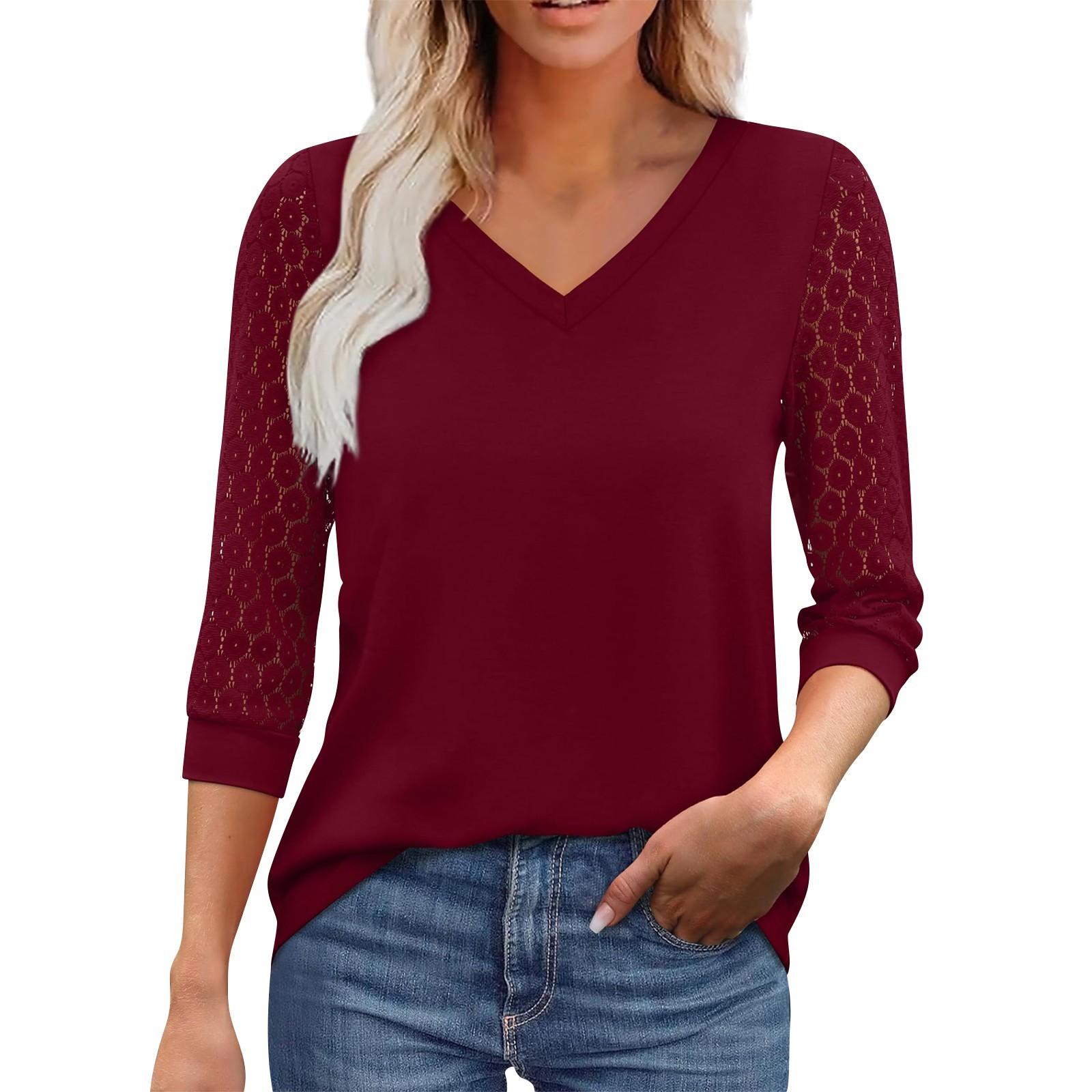 

Women s Seven Quarter Sleeved V-Neck Color Lace Patchwork Casual Top Casual Top M винный