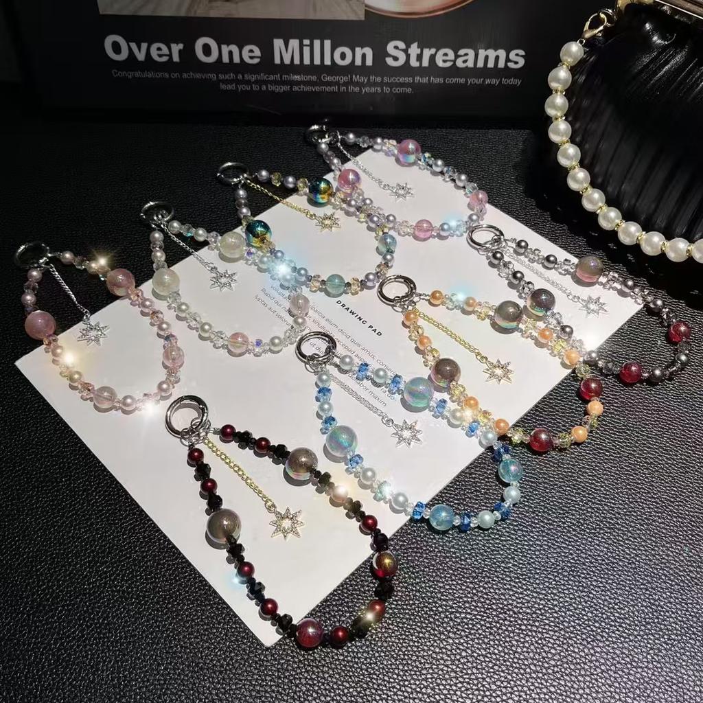 High-end Pearl Mobile Phone Pendant Chain Glitter Round Beads Hand-strung Beads Crystal Star Car Keychain Pendant Bracelet