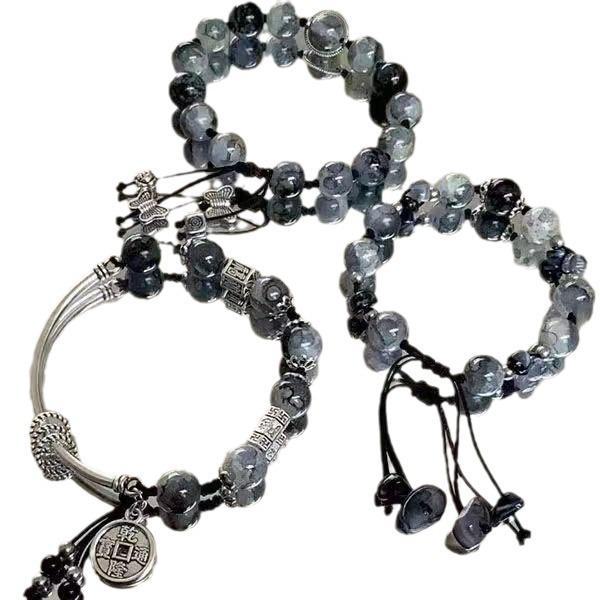 Chinese Jiangshan Ink Painting Beaded Bracelet for Women, Ancient Style, Cool Tone, Hanfu Accessory, Handmade Jewelry