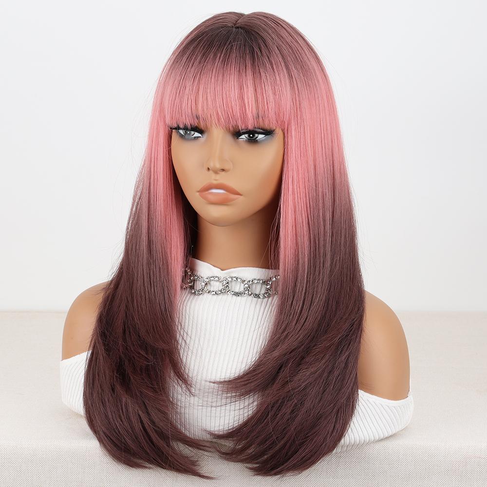 MISS WIG Parrucche Lunghe Ombre Marrone Rosa Lisce Stratificate in Fibra Sintetica da Donna con Frangia Parrucca Bob per Donna Uso Quotidiano Cosplay Festa