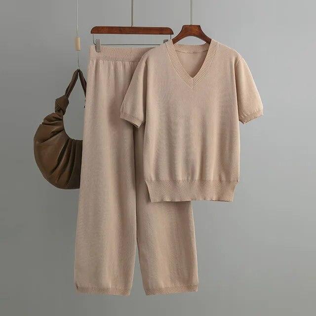 Basic V Neck Spring Summer Women T Shirt Set Fashion Knit Loose Casual Two Piece Short Sleeves Tracksuit Ladys Pant Suit