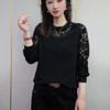 Women Spring Autumn Solid Color Round Neck Sweater Long Sleeve Lace Patchwork Embroidered Pullovers