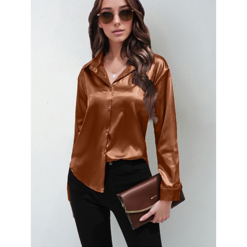 GMXIA Sateng Silkelignende Langermet Ensfarget Skjorte for Kvinner, Elegant Knappedetalj foran med Krage