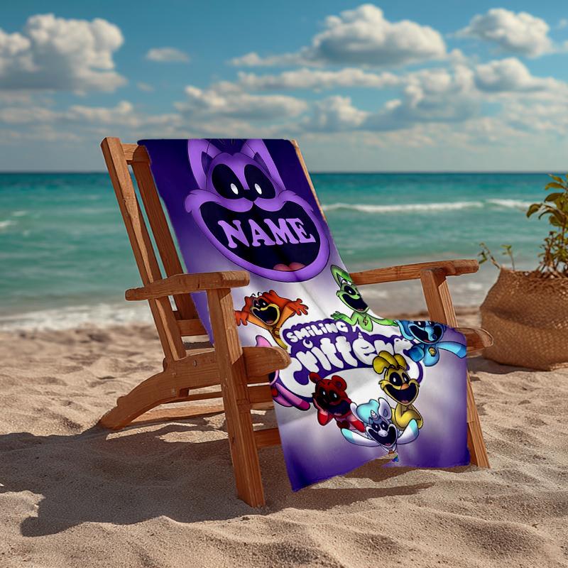 Custom Name Ultra-Soft Beach Towel with Smiling Critters Theme,Ideal for Pool - Camping, Diving - Perfect Travel Essential, Vibrant Beach Towel.