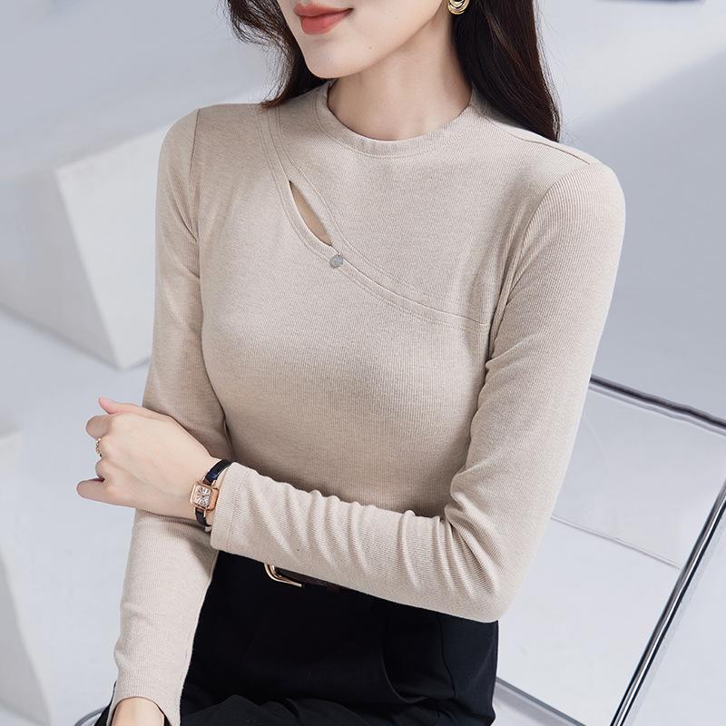 High-Quality Women's Stretch Slimming Long Sleeve Cotton Top – Versatile Fashionable Hollow-Out Design for Spring and Autumn