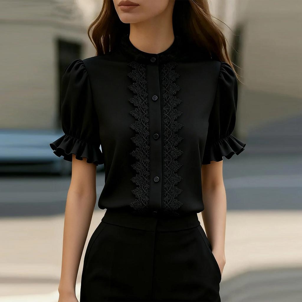 Women's Casual Fashion Stand Collar Lace Patchwork Puff Sleeve Short Sleeve Shirt Top