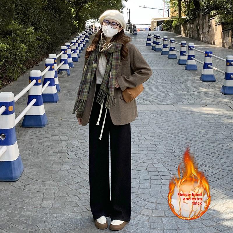 

Розовые вязаные брюки из искусственного кашемира для женщин Осень и Зима Плюс бархат Утепленные С высокой талией Драпирующиеся Свободные Повседневные Прямые Широкие брюки one size