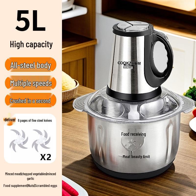 Moedor e Processador de Alimentos Elétrico Multifuncional de Aço Inoxidável para Picar, Misturar e Moer Carne, Alho e Vegetais.