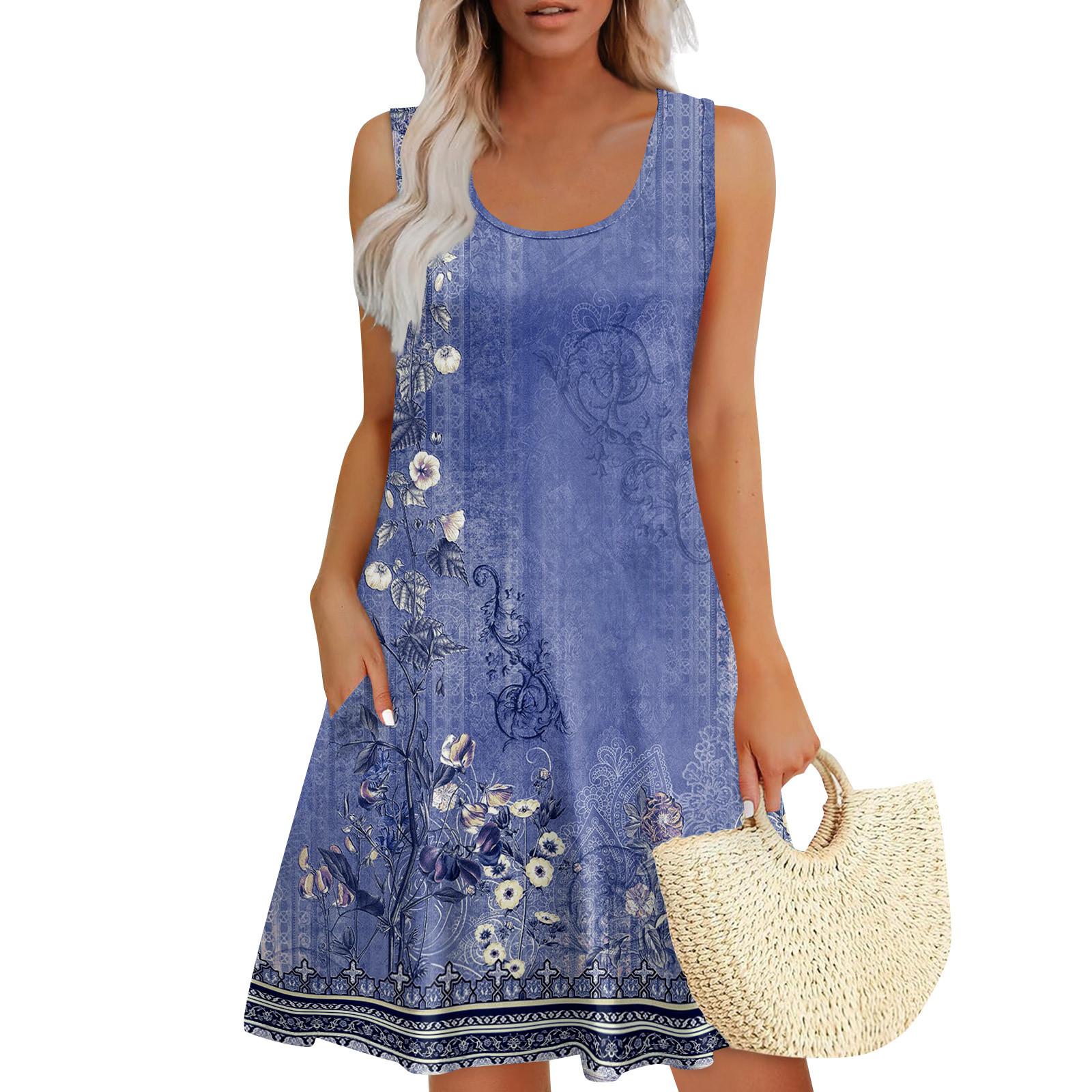 

Женские летние платья, свободные сарафаны без рукавов с U-образным вырезом и карманами XXXL синий