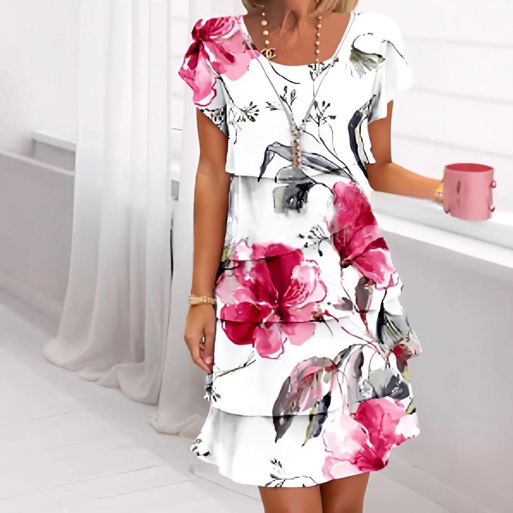 2025 European & American 3D Print Short Sleeve Round Neck Cake Dress for Spring/Summer