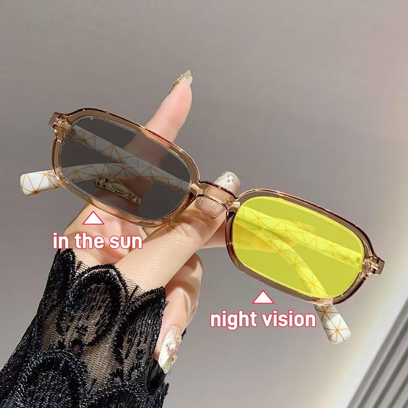 Fashion Small Printing Photochromic Myopia Glasses Women Men Night Vision Short Sight Eyewear with Yellow Lenses Minus Diopter