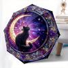 Stained Glass Cat Moon Automatic Folding Umbrella  8 Ribs, Durable Iron Frame, Bright Color Pattern Compact Travel Umbrella, Suitable for Ou