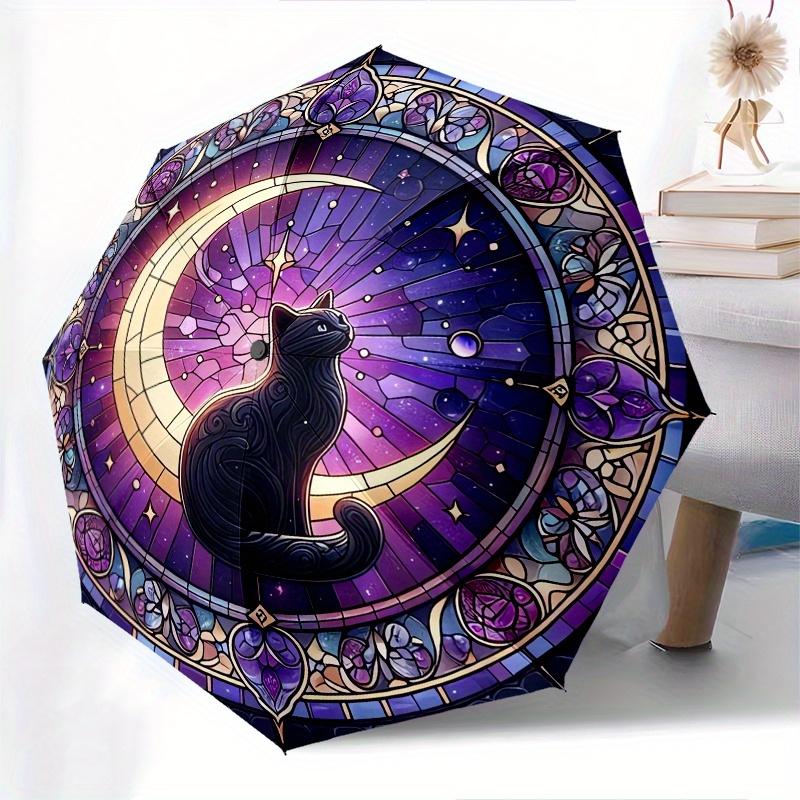 Stained Glass Cat Moon Automatic Folding Umbrella  8 Ribs, Durable Iron Frame, Bright Color Pattern Compact Travel Umbrella, Suitable for Ou