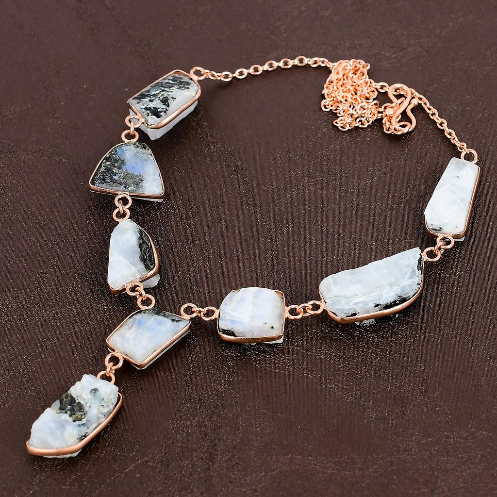 Natural Rough Rainbow Moonstone Gemstone Handmade Copper Necklace 18" s4H93