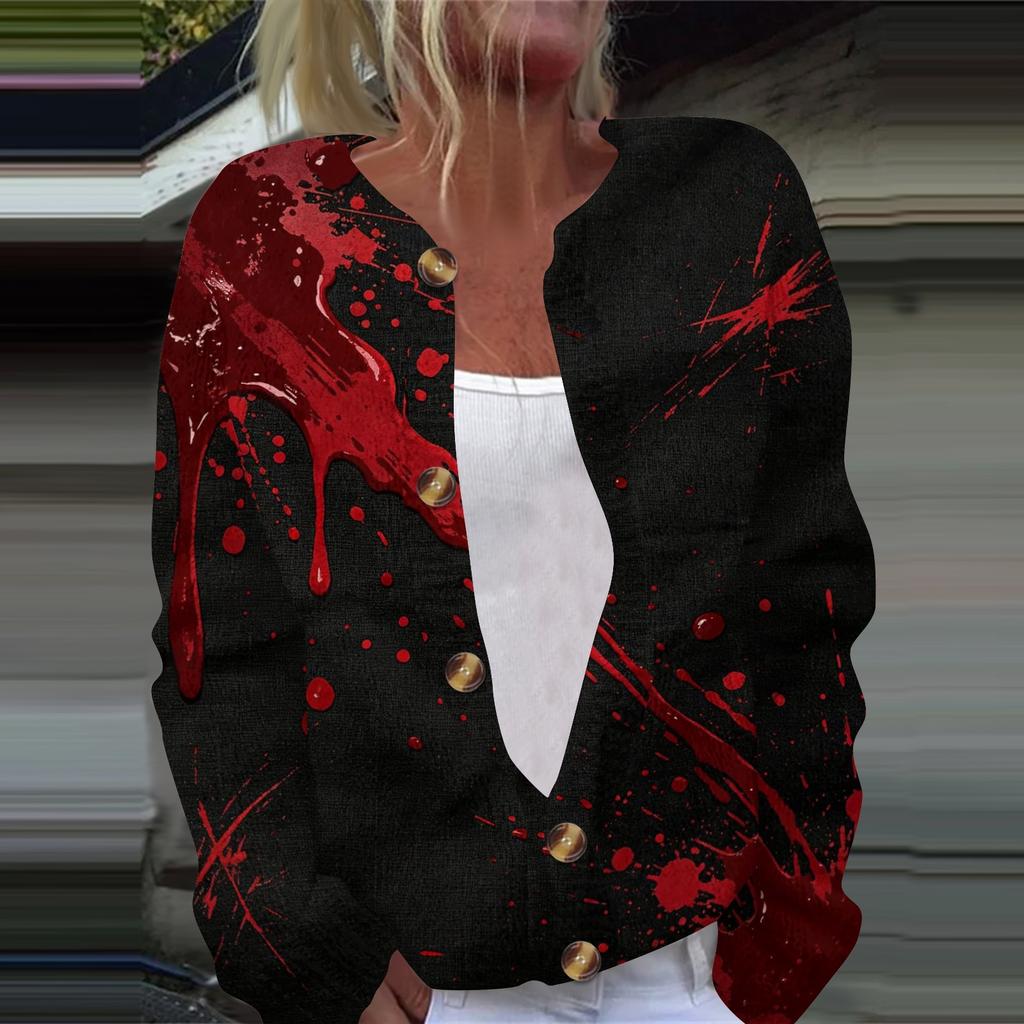 Women's Long Sleeve Knit Cardigan Button Front Sweater Halloween Themed Print Casual Lightweight Outerwear for Seasonal Wear