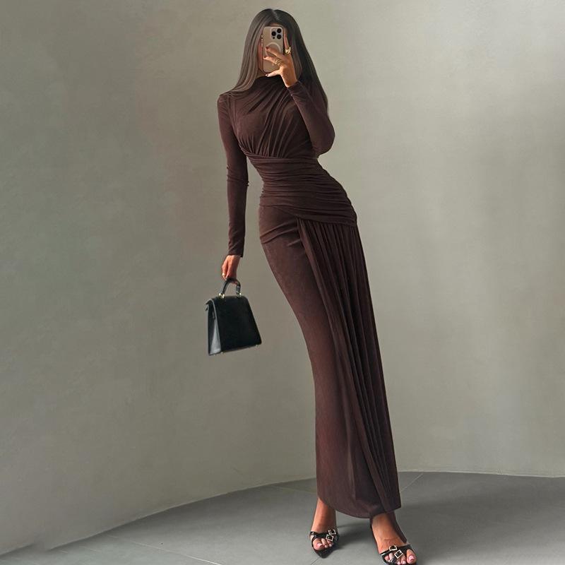 Europäischer & Amerikanischer Stil Herbst/Winter Plissiertes Schmal Geschnittenes Rundhals-Langarmkleid
