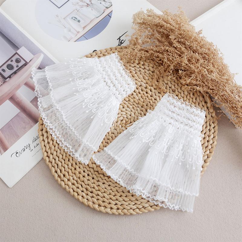 White Tull Elastic Short Fake Flared Sleeves Double Layer Ruffle Lace Detachable Cuffs Sweater Decorative Accessories
