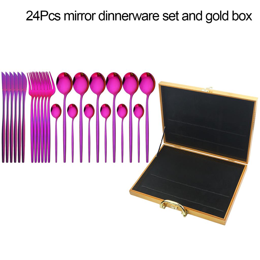 24Pcs Black Gold Dinnerware Set with Box Knives Fork Tea Spoon Cutlery Set Stainless Steel Silverware Tableware Kitchen Flatware