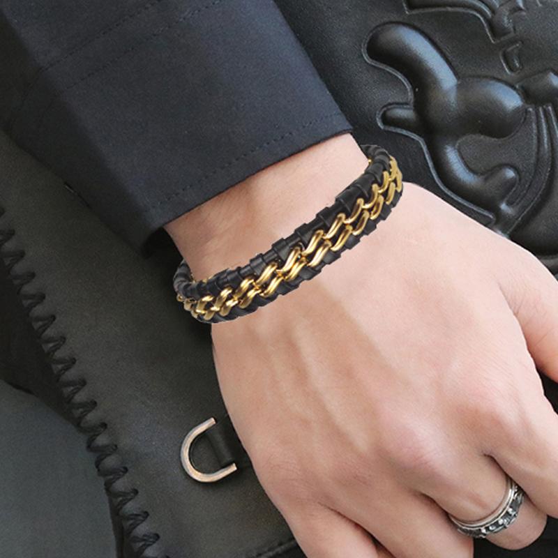 Genuine Leather Chain Bracelet for Men Magnetic Stainless Steel Clasp in Plated Gold Exclusive Jewellery Gift Dropping