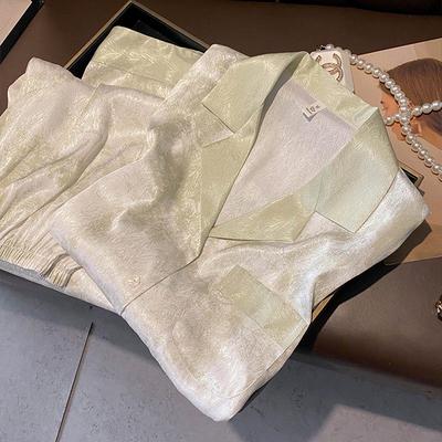 Creamy Green Ink Landscape Pajama Set: Women's Spring/Autumn Ice Silk Long Sleeve and Pants.