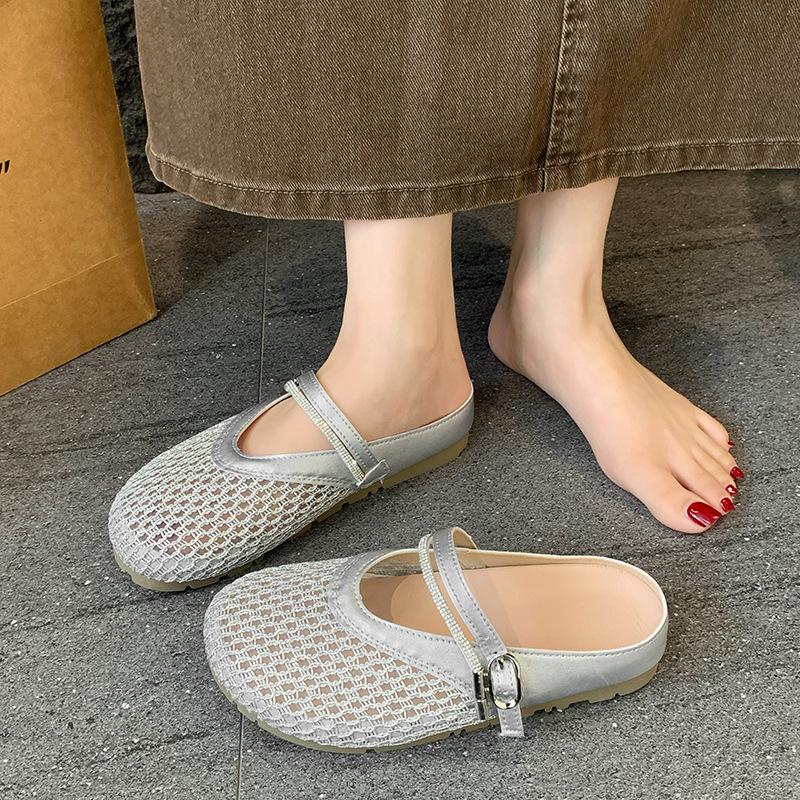 Hollow Woven Bag Head Half Slippers Women's Summer Wear New Flat Bottom Breathable Hole Shoes Sandals