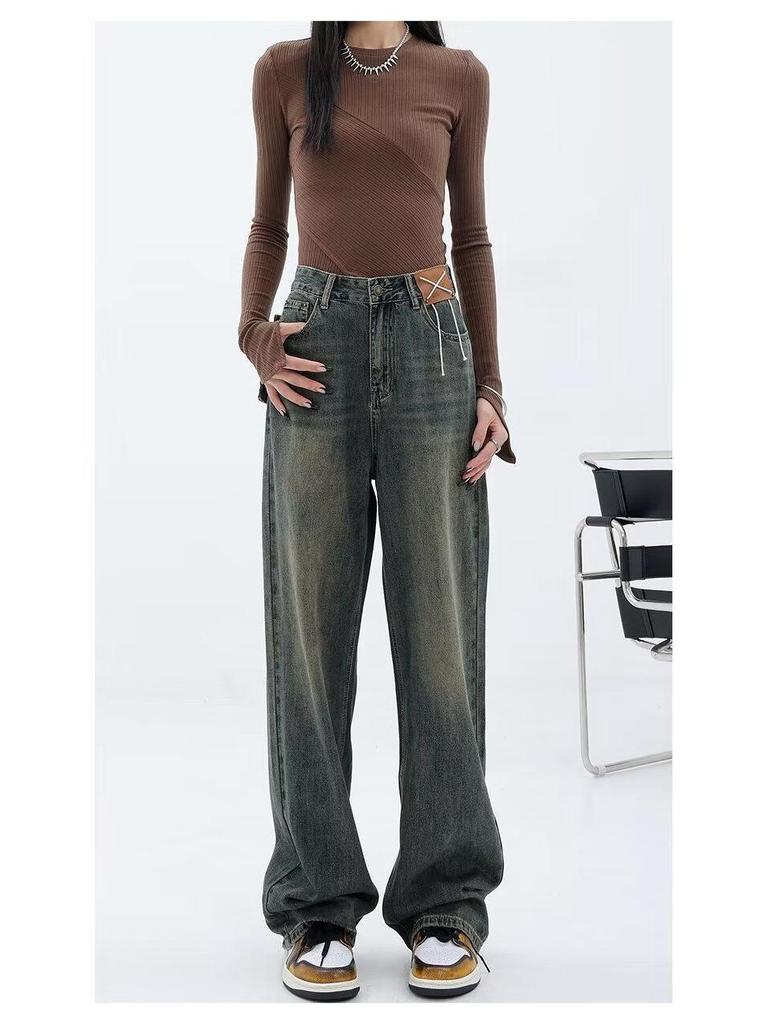 2025 Autumn/Winter Distressed High-Waisted Straight-Leg Women's Wide-Leg Jeans