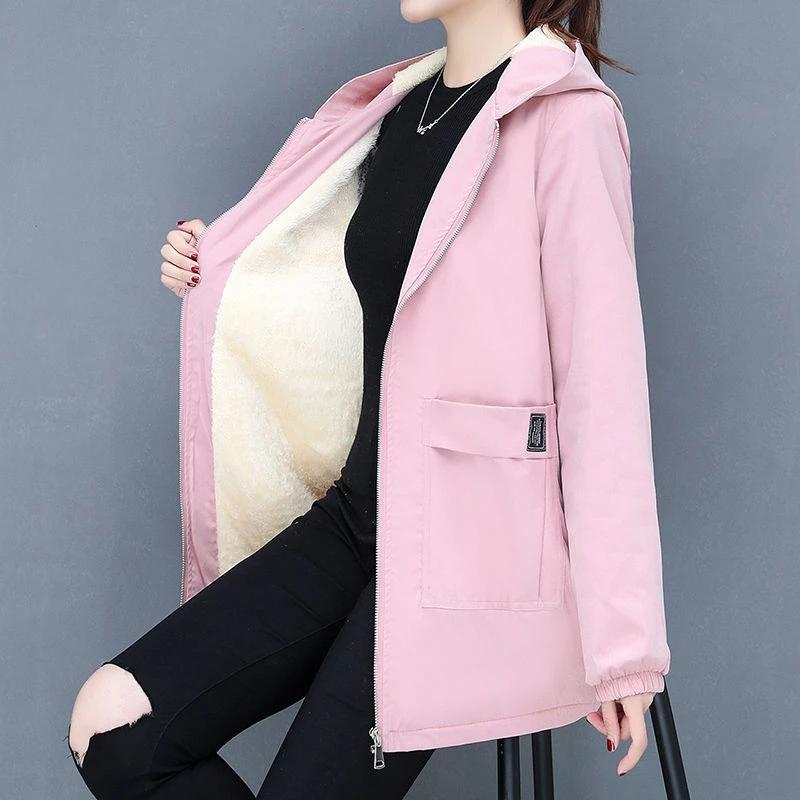 Women Windbreaker Autumn Women's Fleece Jacket  Casual Hooded Winter Overcoat Zipper Pocket Female Basic Coat