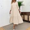 Fashionable Ladies Spring And Summer Solid Color Three-quarter Sleeve Casual Lapel Wide Swing Dress