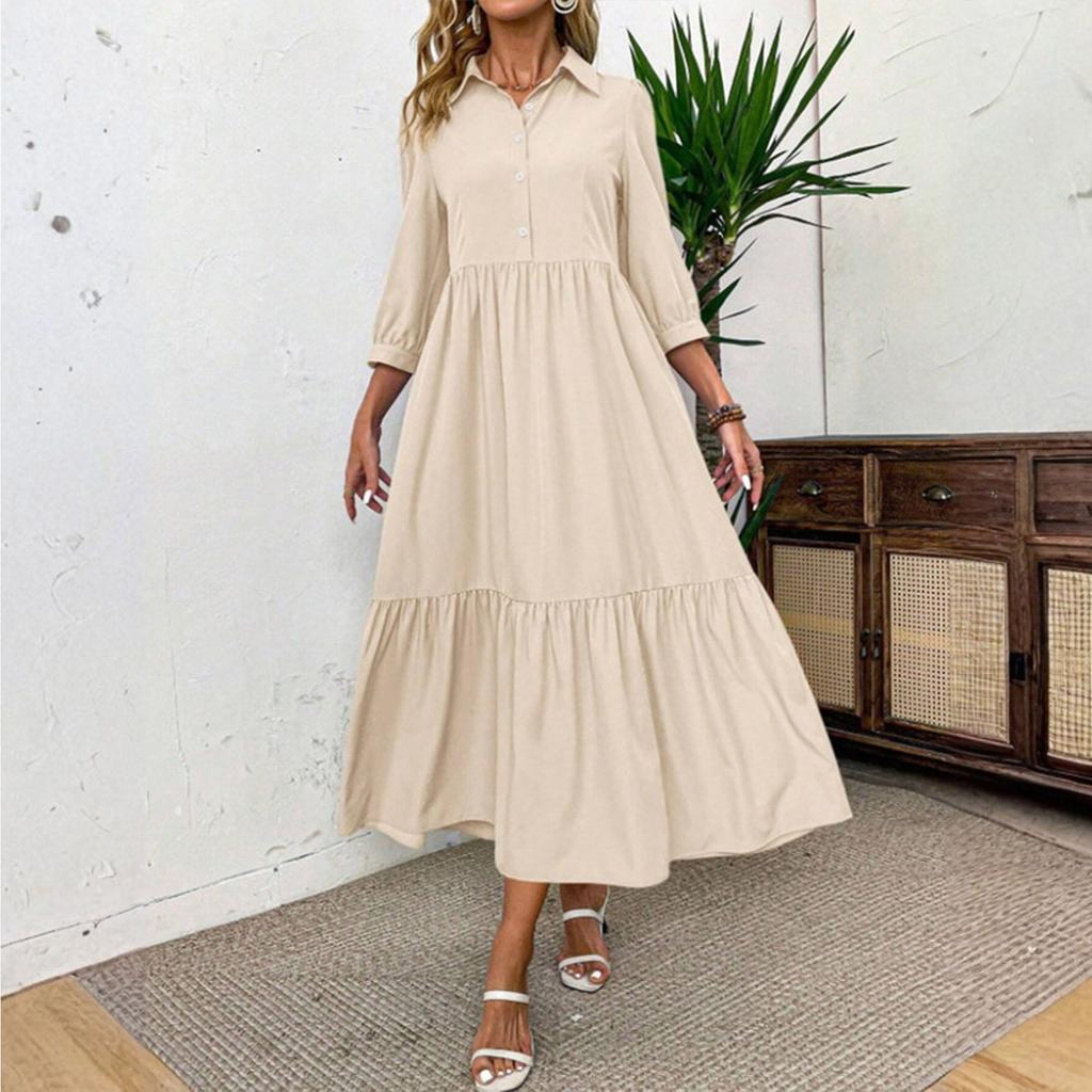 Fashionable Ladies Spring And Summer Solid Color Three-quarter Sleeve Casual Lapel Wide Swing Dress