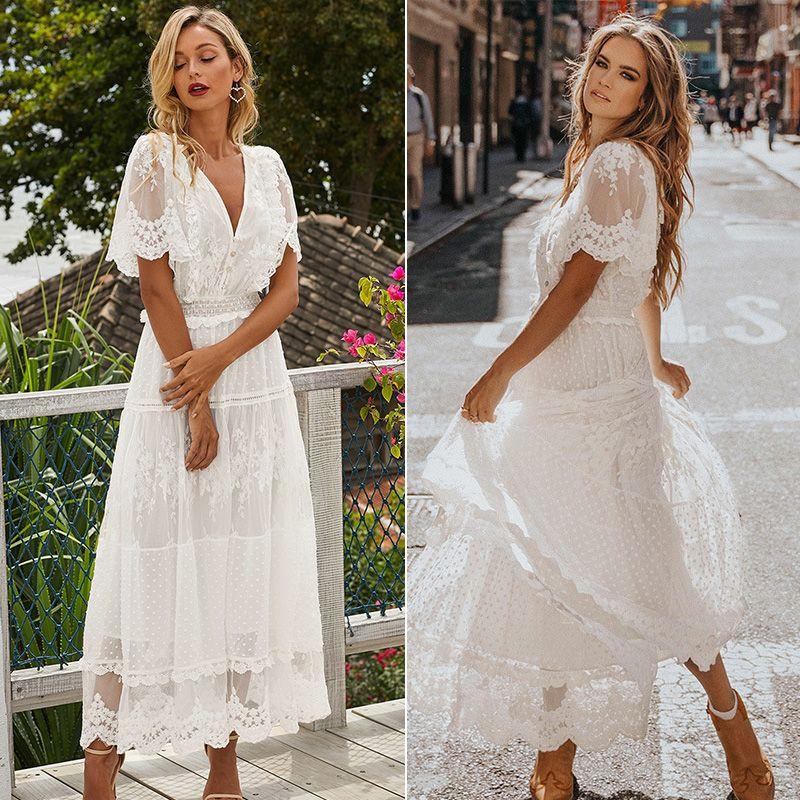 

Cross Semi-Sheer Plunge V-Neck Short Sleeve Lace Maxi Dress WHITE M