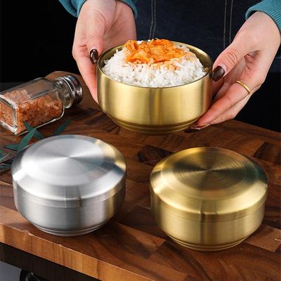 Korean 304 Stainless Steel Rice Bowl with Lid Double-Layer Anti-Scalding Soup Food Serving Bowls  Container Kitchen Utensils