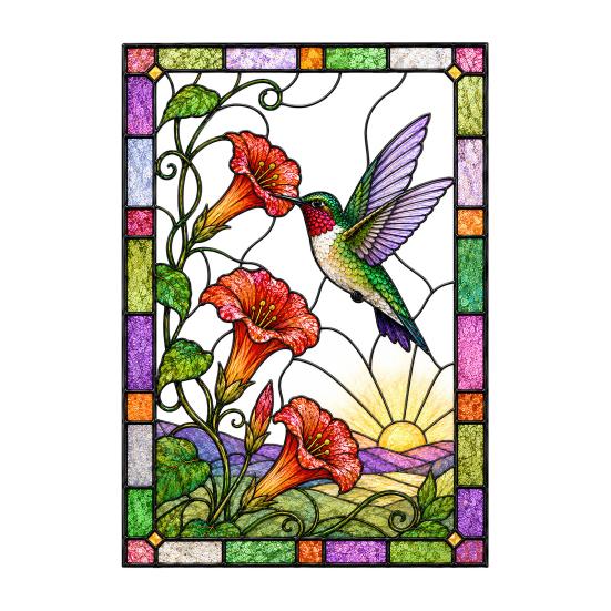Removable Festive Glass Decor Stained Static Window Clings, Hummingbird Flower Stickers, Home Privacy Screen PVC Decals for Door Sunroom Decoration