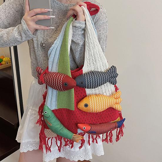 Borsa Grande Capacità Borsa a Shopper Lavorata a Maglia Pesce 3D, Borsa a Spalla Patchwork con Frange, Regalo Creativo per Donne Borsa Boho Colorata per il Pendolarismo Quotidiano